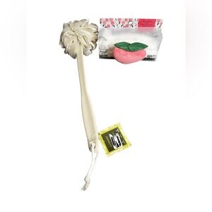 Cream Bath Loofah with Long Handle and a peach-shaped beauty headband. Both NEW!